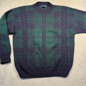 Vintage Nautica Men's Wool Plaid Cable Knit‎ Sweater Large Green Blue Pullover